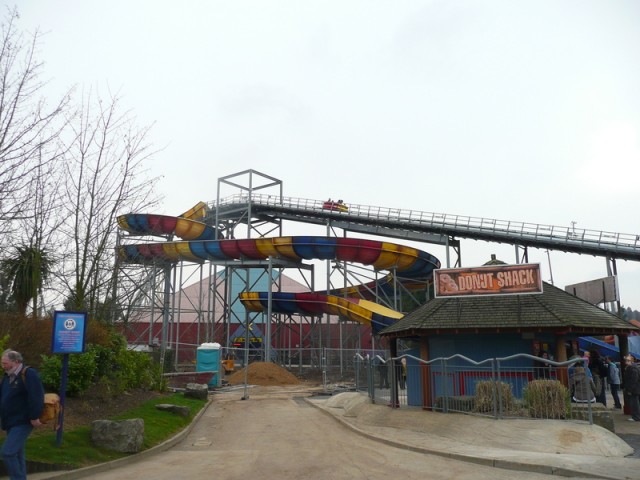 Storm Surge, built by White Water West, features a water slide style 'flume' that allows the large rafts to spin as they slide down the ride